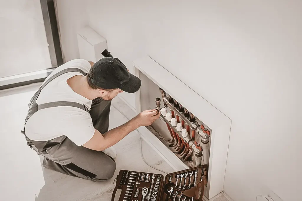 Elektriker prüft Sicherungskasten und Haustechnik in einer modernen Immobilie